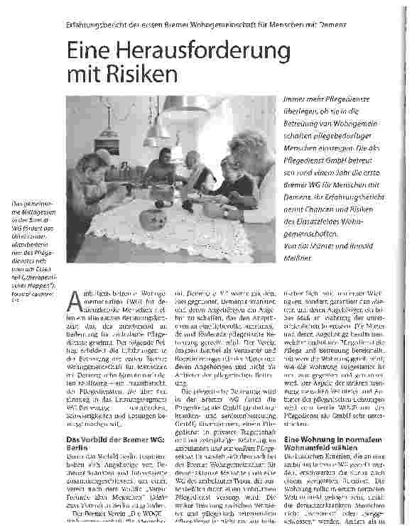 Vorschauseite 1: Eine Herausforderung mit RisikenErfahrungsbericht der ersten Bremer Wohngemeinschaft für Menschen mit Demenz