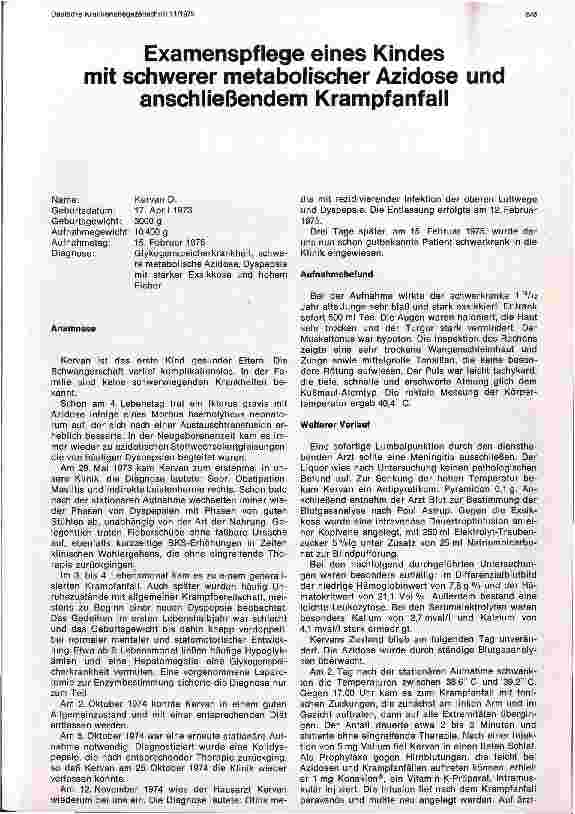 Vorschauseite 1: Examenspflege eines Kindes mit schwerer metabolischer Azidose und anschließendem Krampfanfall