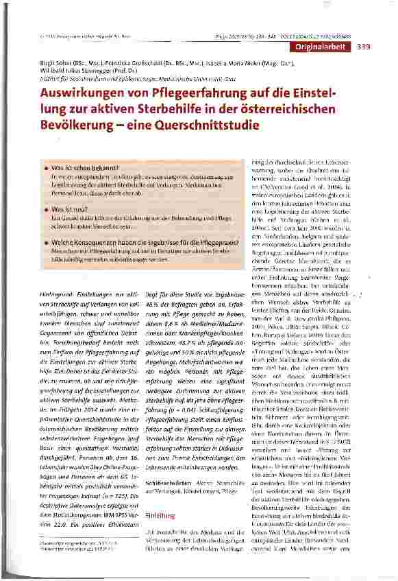 Vorschauseite 1: Auswirkungen von Pflegeerfahrung auf die Einstellung zur aktiven Sterbehilfe in der österreichischen Bevölkerung - eine Querschnittstudie