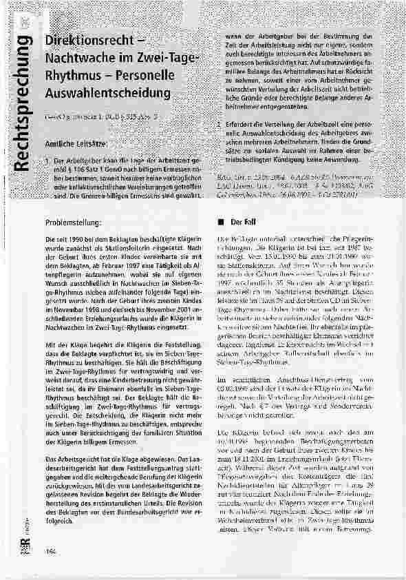 Vorschauseite 1: Direktionsrecht - Nachtwache im Zwei-Tage-Rhythmus - Personelle AuswahlentscheidungGewO § 106 Satz 1; BGB § 315 Abs. 3