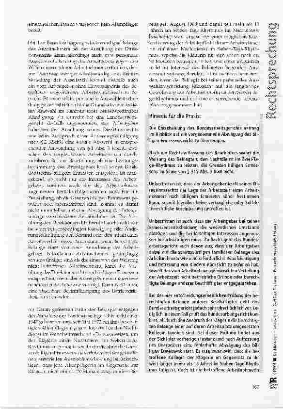 Vorschauseite 4: Direktionsrecht - Nachtwache im Zwei-Tage-Rhythmus - Personelle AuswahlentscheidungGewO § 106 Satz 1; BGB § 315 Abs. 3