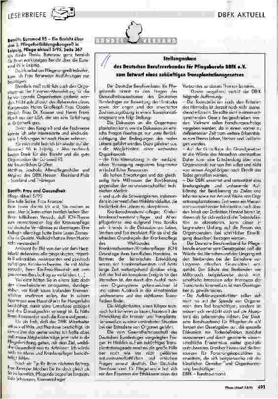 Vorschauseite 1: Stellungnahme des Deutschen Verufsverbandes für Pflegeberufe DBfK e. V. zum Entwurf eines zukünftigen Transplantationsgesetzes
