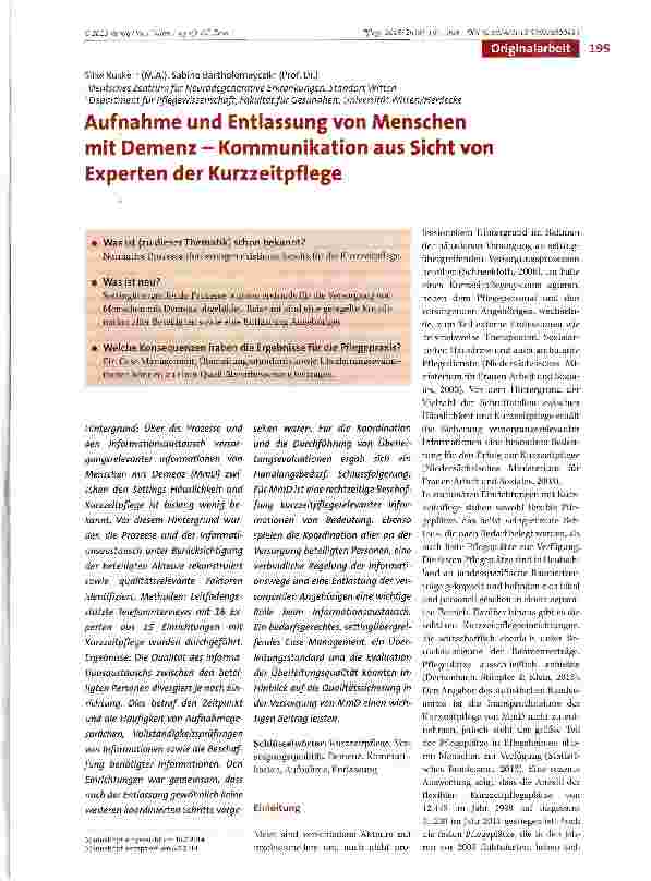 Vorschauseite 1: Aufnahme und Entlassung von Menschen mit Demenz - Kommunikation aus Sicht von Experten der Kurzzeitpflege