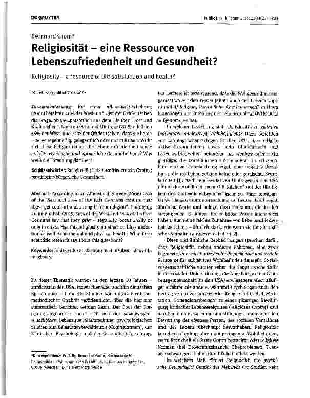 Vorschauseite 1: Religiosität - eine Ressource von Lebenszufriedenheit und Gesundheit?