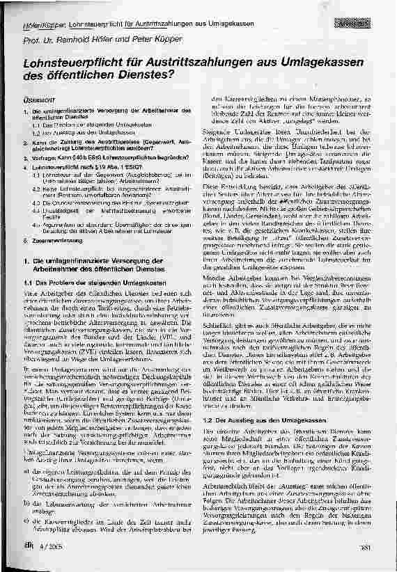 Vorschauseite 1: Lohnsteuerpflicht für Austrittszahlungen aus Umlagekassen des öffentlichen Dienstes?