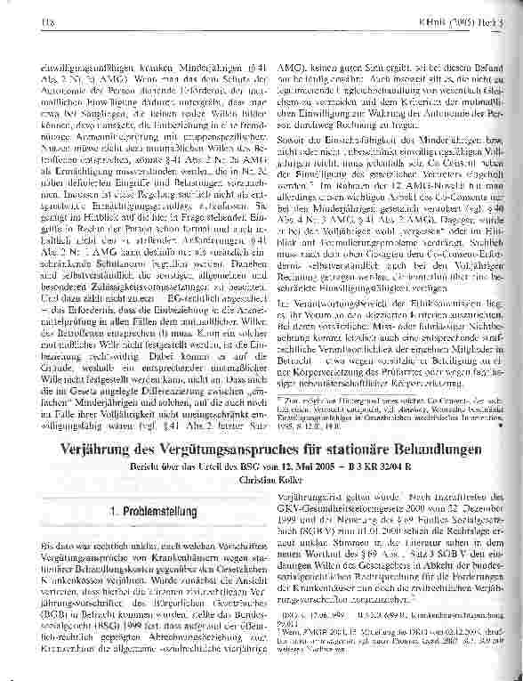 Vorschauseite 1: Verjährung des Vergütungsanspruches für stationäre Behandlungen