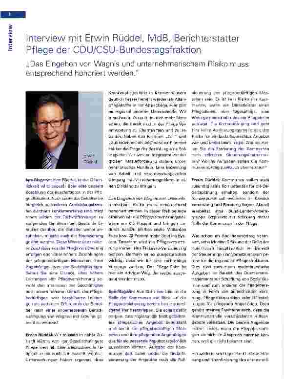 Vorschauseite 1: Interview mit Erwin Rüddel, MdB, Berichterstatter Pflege der CDU/CSU-Bundestagsfraktion