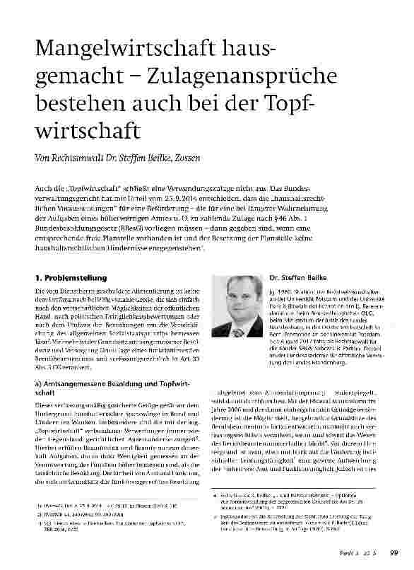 Vorschauseite 1: Mangelwirtschaft hausgemacht - Zulagenansprüche bestehen auch bei der Topfwirtschaft