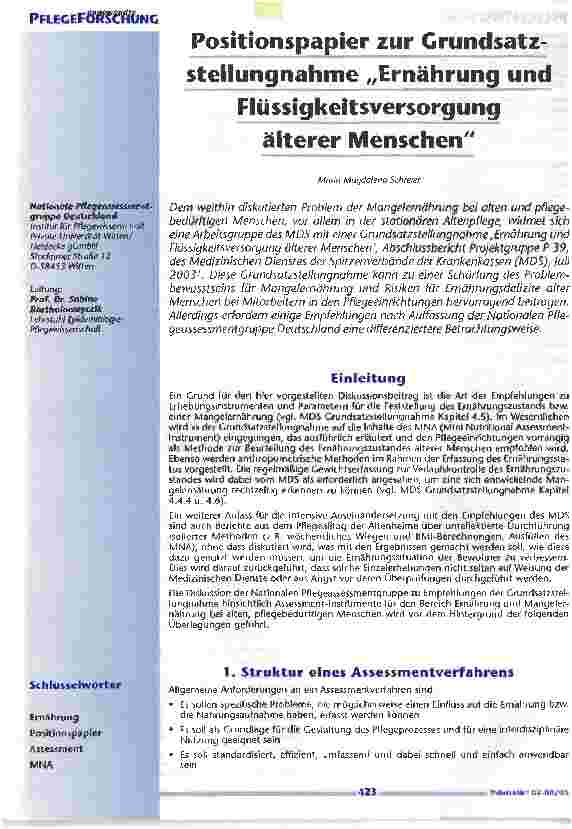 Vorschauseite 1: Positionspapier zur Grundsatz-Stellungnahme Ernährung und Flüssigkeitsversorgung älterer Menschen