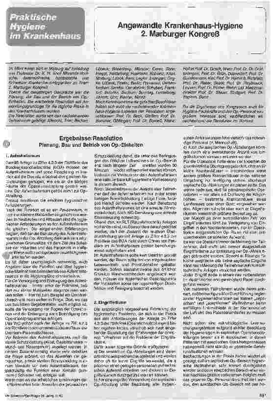 Vorschauseite 1: Angewandte Krankenhaus -Hygiene, 2. Marburger Kongreß, Ergebnisse und Resolution, Planung Bau und Betrieb von Operationseinheiten