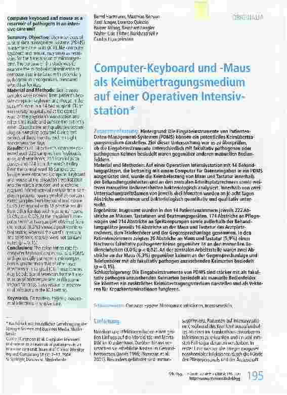 Vorschauseite 1: Computer-Keyboard und -Maus als Keimübertragungsmedium auf einer Operativen Intensivstation
