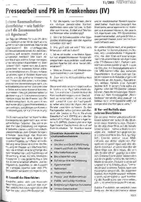 Vorschauseite 1: Pressearbeit und PR im Krankenhaus (IV)Externe Kommunikationsdienstleister - wie funktioniert die Zusammenarbeit mit Agenturen?