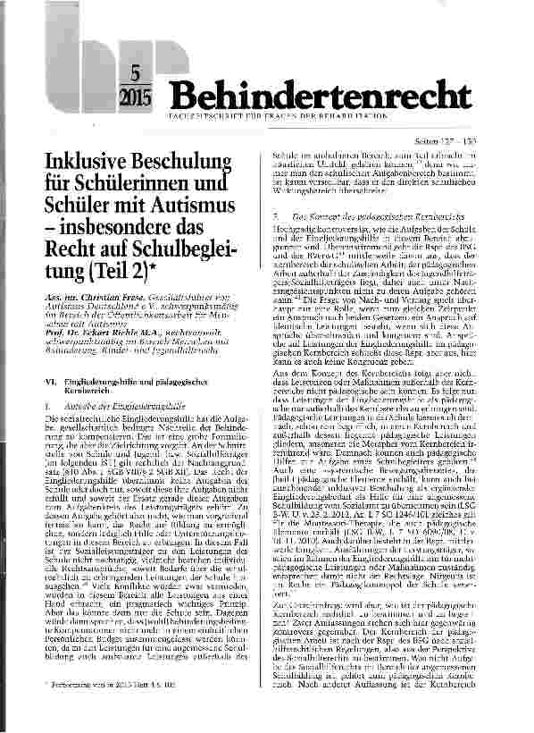 Vorschauseite 1: Inklusive Beschulung für Schülerinnen und Schüler mit Autismus - insbesondere das Recht auf Schulbegleitung (Teil )