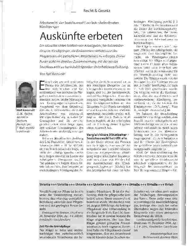 Vorschauseite 1: Auskünfte erbetenArbeitsrecht: Zur Sozialauswahl bei betriebsbedingten Kündigungen