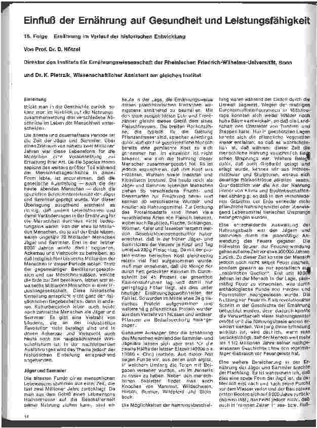 Vorschauseite 1: Einfluß der Ernährung auf Gesundheit und Leistungsfähigkeit 15. Folge: Ernährung im Verlauf der historischen Entwicklung