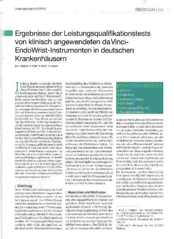 Vorschauseite 1: Ergebnisse der Leistungsqualifikationstests von klinisch angewendeten daVinci-EndoWrist-lnstrumenten in deutschen Krankenhäusern