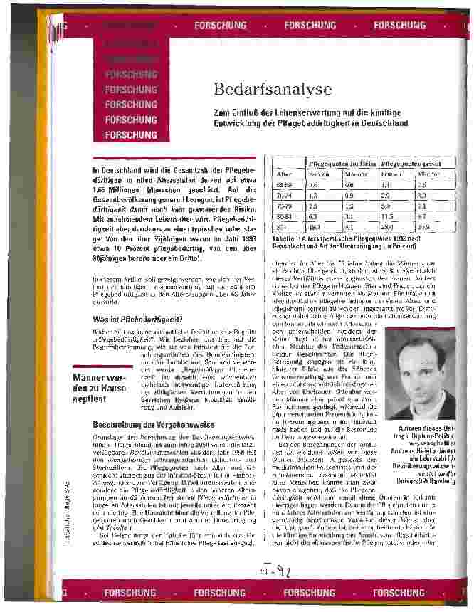 Vorschauseite 1: Bedarfsanalyse Zum Einfluß der Lebenserwartung auf die künftige Entwicklung der Pflegebedürftigkeit in Deutschland