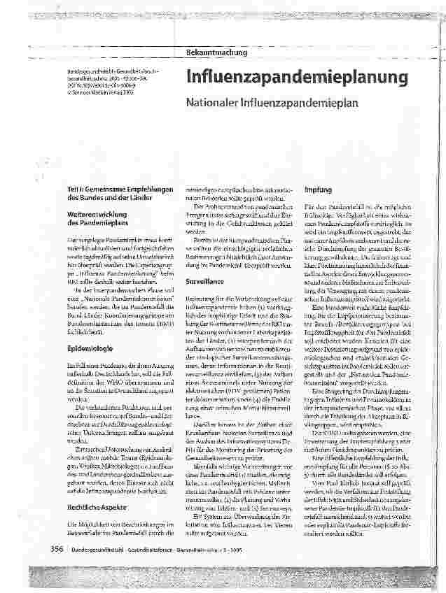 Vorschauseite 1: Influenzapandemieplanung. Nationaler Influenzapandemieplan