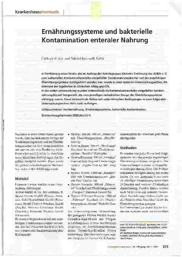 Vorschauseite 1: Ernährungssysteme und bakterielle Kontamination enteraler Nahrung