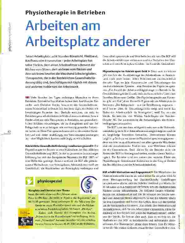 Vorschauseite 1: Physiotherapie in Betrieben Arbeiten am Arbeitsplatz anderer