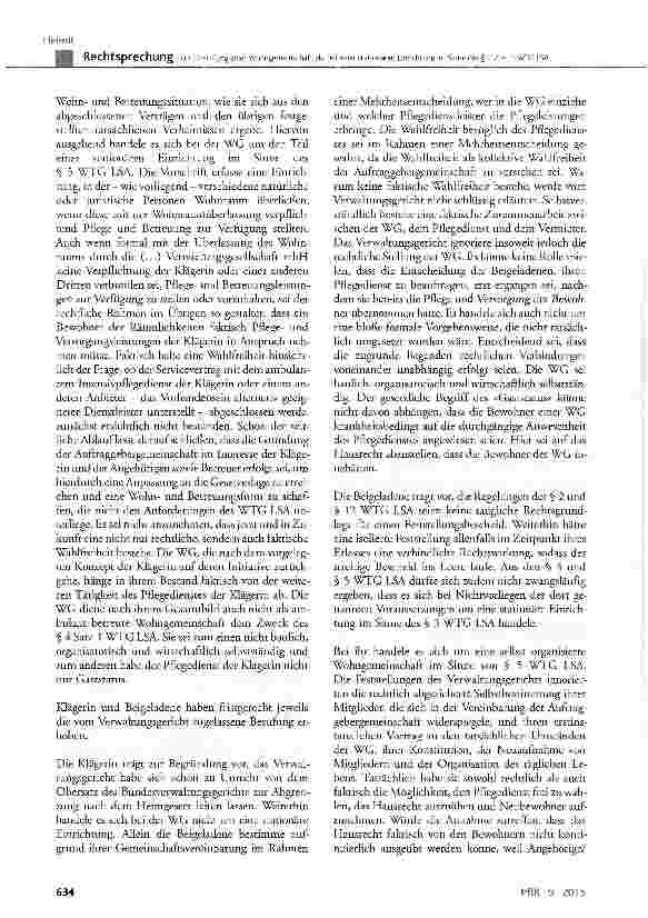 Vorschauseite 3: Zur Einstufung einer Wohngemeinschaft als Teil einer stationären Einrichtung im Sinne des § 3 Abs. 1 WTG LSA WTG LSA § 3 Abs. 1 Satz 1 Nr. 1, § 4 Abs. 1 und 2, § 5 Abs. 2, § 12, §…
