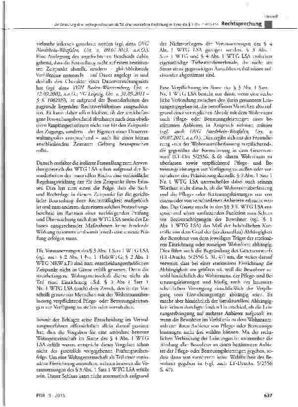 Vorschauseite 6: Zur Einstufung einer Wohngemeinschaft als Teil einer stationären Einrichtung im Sinne des § 3 Abs. 1 WTG LSA WTG LSA § 3 Abs. 1 Satz 1 Nr. 1, § 4 Abs. 1 und 2, § 5 Abs. 2, § 12, §…