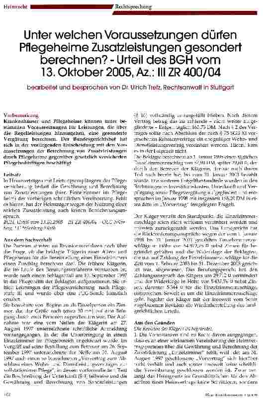Vorschauseite 1: Unter welchen Voraussetzungen dürfen Pflegeheime Zusatzleistungen gesondert berechnen? - Urteil des BGH vom 13. Oktober 2005, Az.: IIIZR 400/04