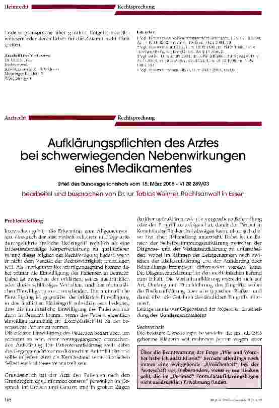 Vorschauseite 5: Unter welchen Voraussetzungen dürfen Pflegeheime Zusatzleistungen gesondert berechnen? - Urteil des BGH vom 13. Oktober 2005, Az.: IIIZR 400/04