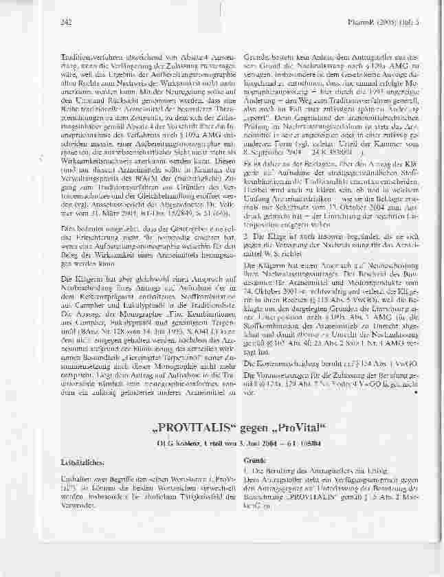 Vorschauseite 1: PROVITALIS gegen ProVitalOLG Koblenz, Urteil vom 3. Juni 2004 - 6 U 105/04