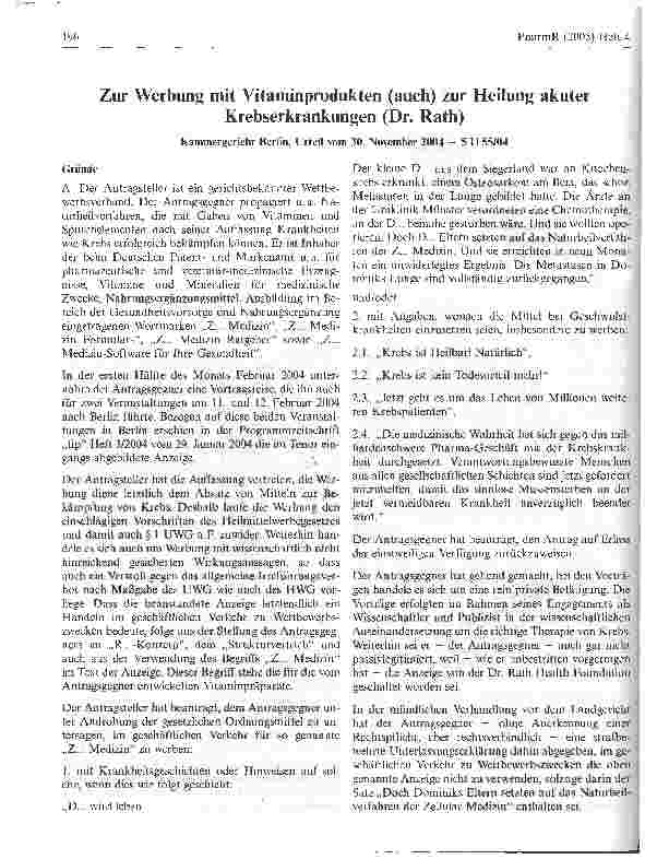 Vorschauseite 1: Zur Werbung mit Vitaminprodukten (auch) zur Heilung akuterKrebserkrankungen (Dr. Rath)Kammergericht Berlin, Urteil vom 30. November 2004 - 5 U 55/04