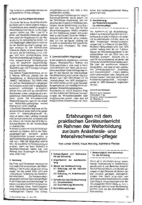 Vorschauseite 1: Erfahrungen mit den praktischen Geräteunterricht im Rahmen der Weiterbildung zur Anästhesie und Intensivschwester/ -pfleger