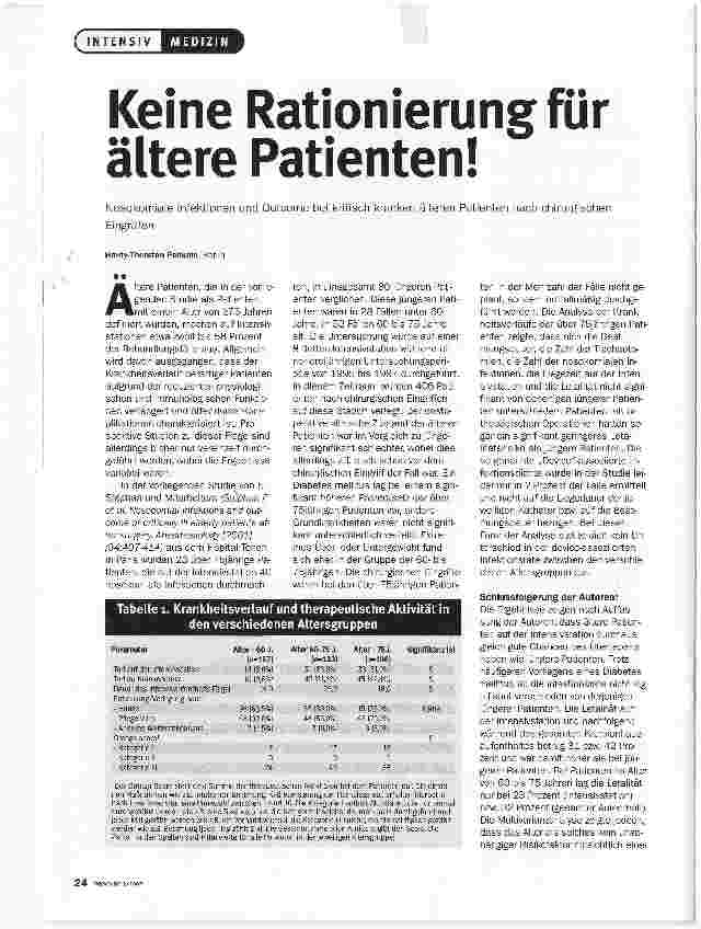 Vorschauseite 1: Keine Rationierung für ältere Patienten!Nosokomiale Infektionen und Outcome bei kritisch kranken älteren Patienten nach chirurgischen Eingriffen