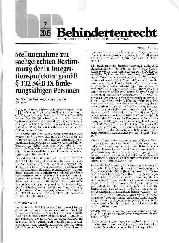 Vorschauseite 1: Stellungnahme zur sachgerechten Bestimmung der in Integrationsprojekten gemäß § 132 SGBIX förderungsfähigen Personen