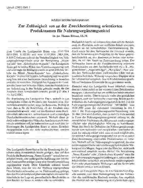 Vorschauseite 1: Zur Zulässigkeit von an der Zweckbestimmung orientierten Produktnamen für Nahrungsergänzungsmittel