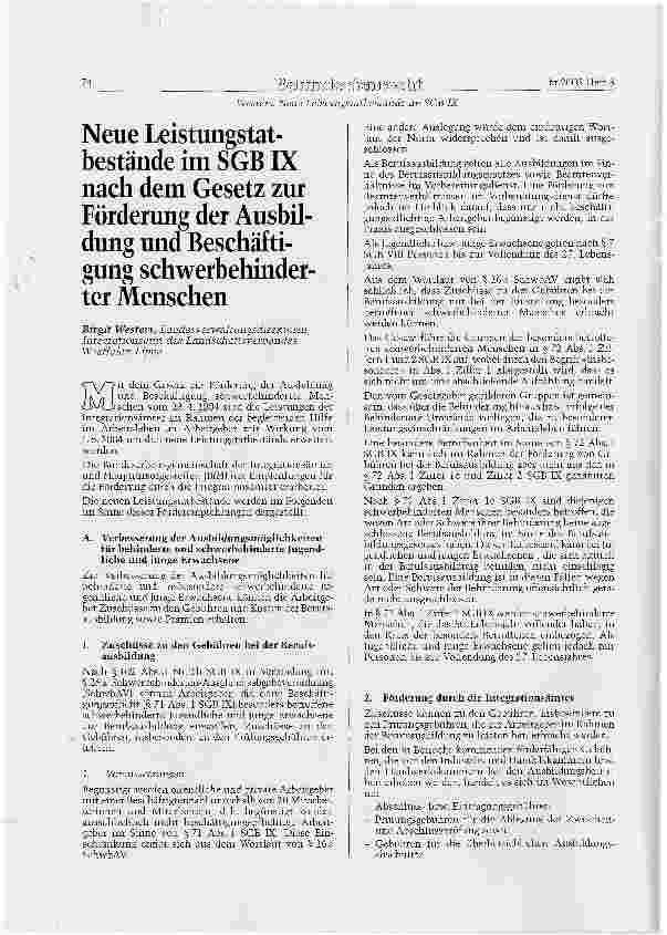 Vorschauseite 1: Neue Leistungstatbestände im SGB IX nach dem Gesetz zur Förderune der Ausbildung und Beschäftigung schwerbehinderter Menschen