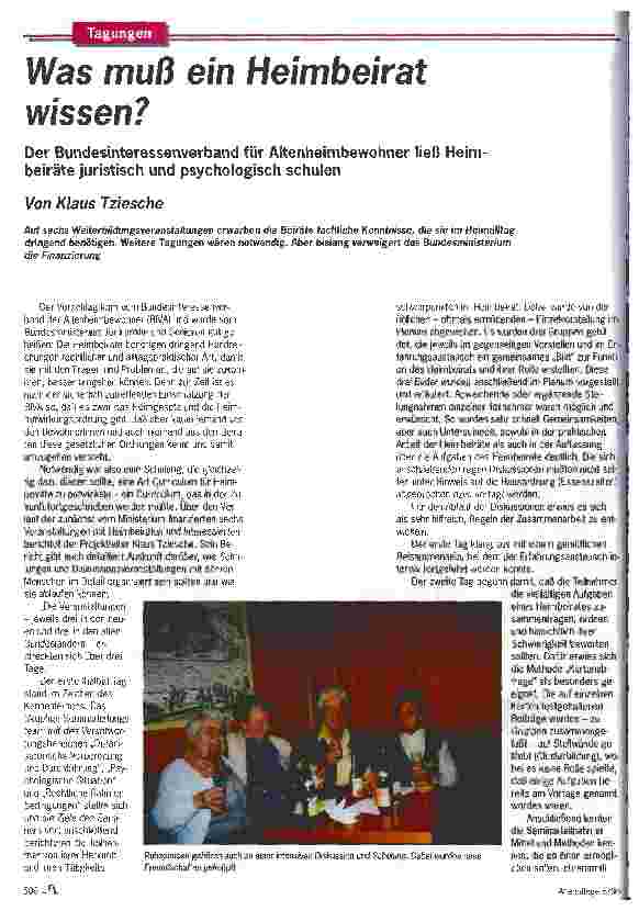 Vorschauseite 1: Was muß ein Heimbeirat wissen? Der Bundesinteressenverband für Altenheimbewohner ließ Heimbeiräte juristisch und psychologisch schulen
