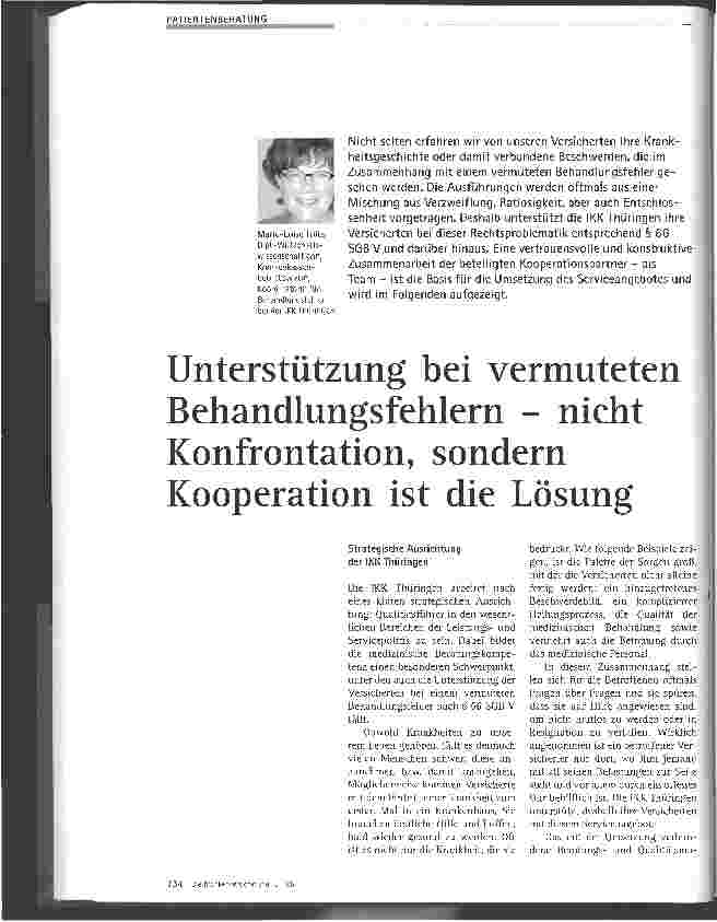 Vorschauseite 1: Unterstützung bei vermuteten Behandlungsfehlern - nicht Konfrontation, sondern Kooperation ist die Lösung