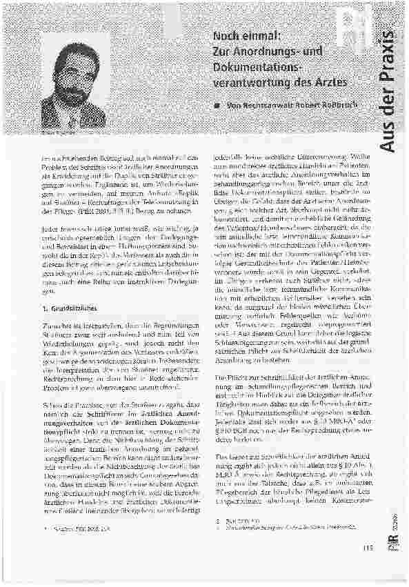 Vorschauseite 1: Noch einmal: Zur Anordnungsund Dokumentationsverantwortung des Arztes