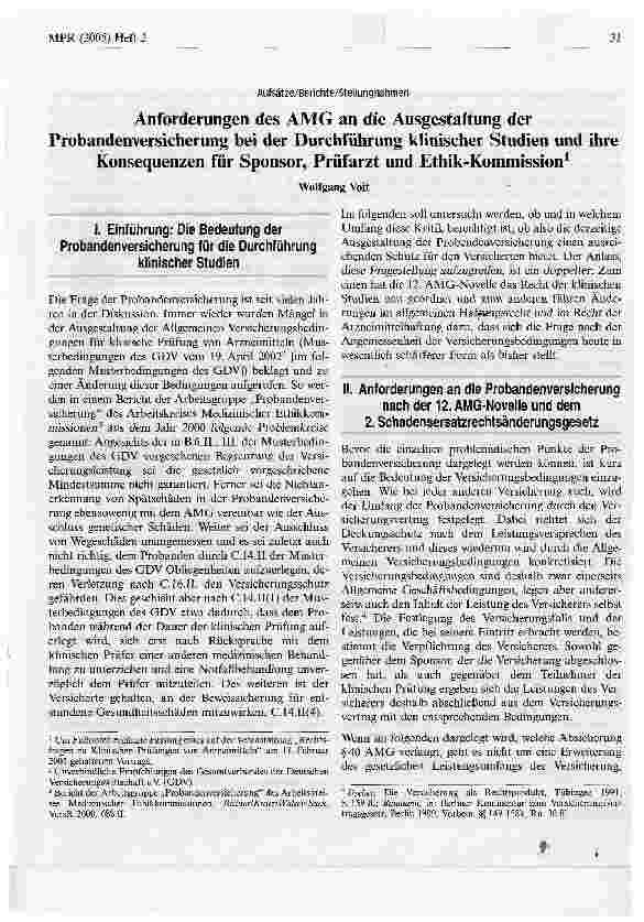 Vorschauseite 1: Anforderungen des AMG an die Ausgestaltung derProbandenversicherung bei der Durchführung klinischer Studien und ihre Konsequenzen für Sponsor, Prüfarzt und Ethik-Kommission