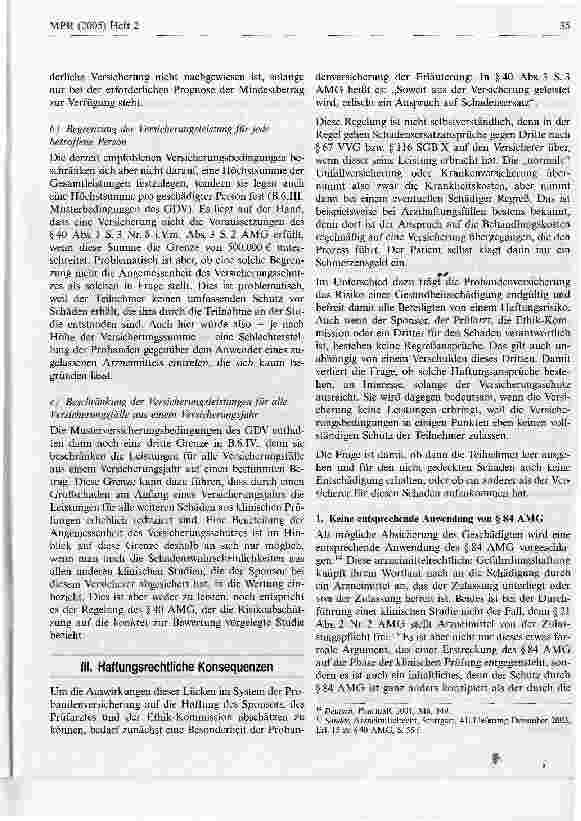 Vorschauseite 5: Anforderungen des AMG an die Ausgestaltung derProbandenversicherung bei der Durchführung klinischer Studien und ihre Konsequenzen für Sponsor, Prüfarzt und Ethik-Kommission