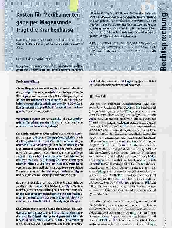 Vorschauseite 1: Kosten für Medikamentengabe per Magensonde trägt die Krankenkasse