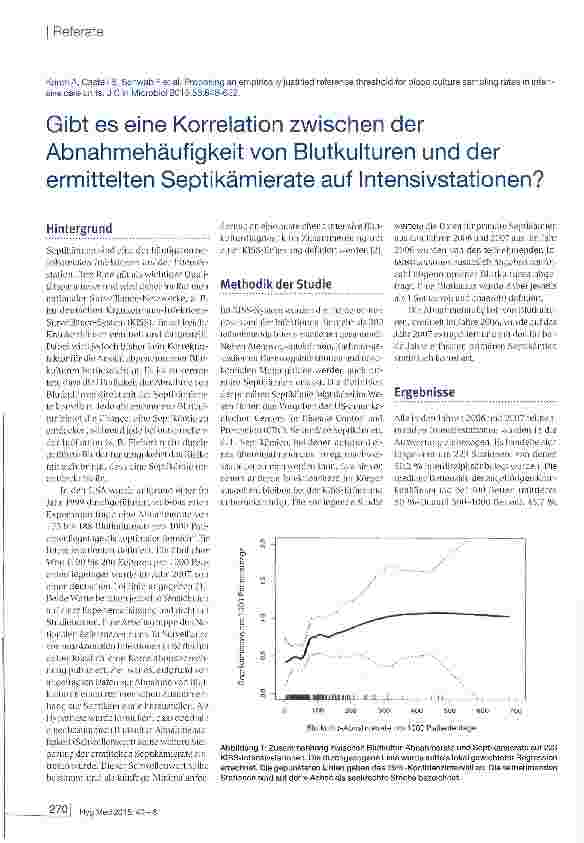 Vorschauseite 1: Gibt es eine Korrelation zwischen der Abnahmehäufigkeit von Blutkulturen und der ermittelten Septikämierate auf Intensivstationen?