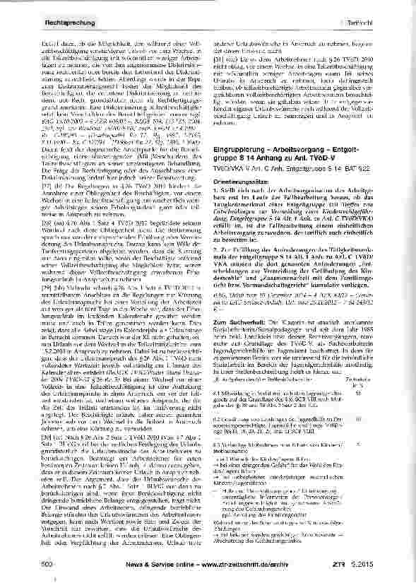 Vorschauseite 1: Eingruppierung - Arbeitsvorgang - Entgelt-gruppe S 14 Anhang zu Anl. TVöD-VTVöD/VKA-V Anl. C Anh. Entgeltgruppe S 14; BAT §22