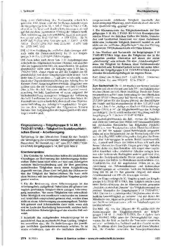Vorschauseite 4: Eingruppierung - Arbeitsvorgang - Entgelt-gruppe S 14 Anhang zu Anl. TVöD-VTVöD/VKA-V Anl. C Anh. Entgeltgruppe S 14; BAT §22
