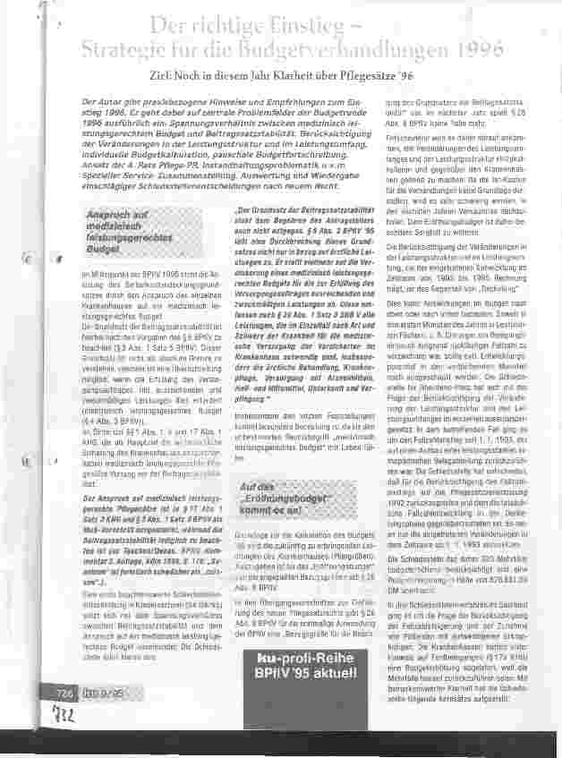 Vorschauseite 1: Der richtige Einstieg - Strategie für die Budgetverhandlungen 1996 Ziel: Noch in diesem Jahr Klarheit über Pflegesätze 1996