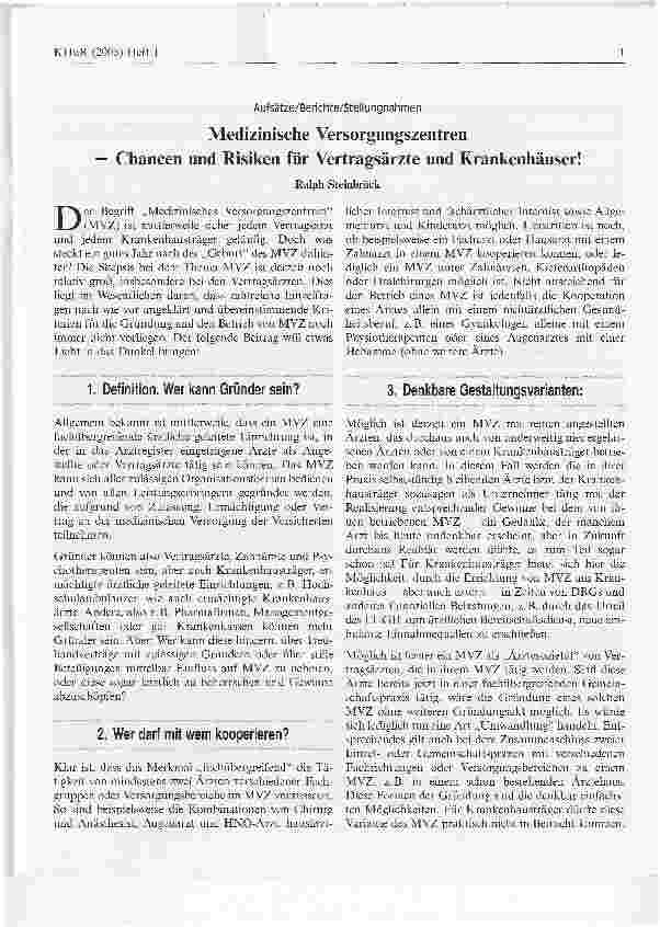 Vorschauseite 1: Medizinische Versorgungszentren - Chancen und Risiken für Vertragsärzte und Krankenhäuser!