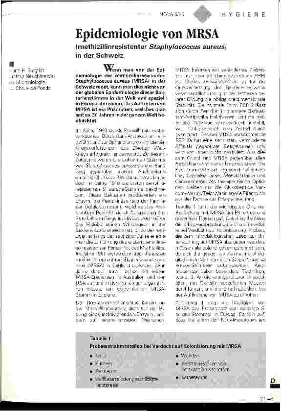 Vorschauseite 1: Epidemiologie von MRSA (methizillinresistenter Staphylococcus aureus) in der Schweiz