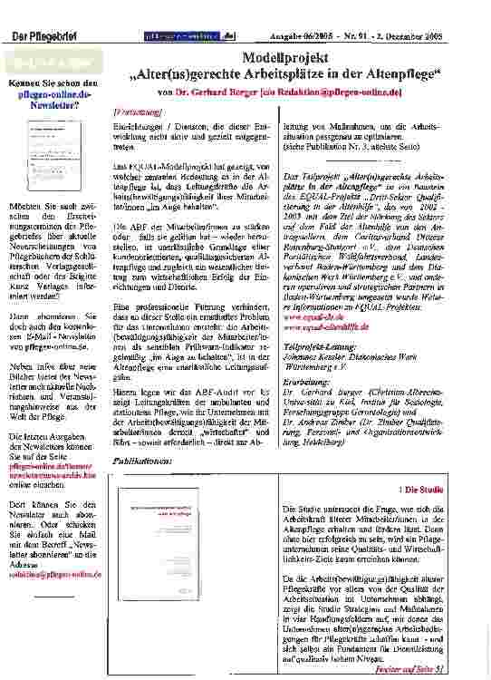 Vorschauseite 2: Modellprojekt Alter(ns)gerechte Arbeitsplätze in der Altenpflege