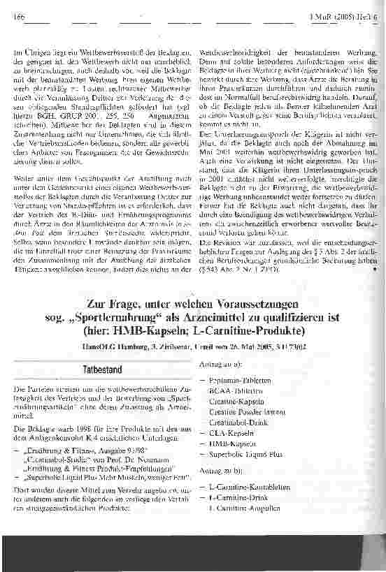 Vorschauseite 1: Zur Frage, unter welchen Voraussetzungensog. Sportlernahrung als Arzneimittel zu qualifizieren ist(hier: HMB-Kapseln; L-Carnitine-Produkte)