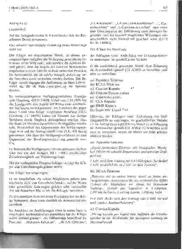 Vorschauseite 2: Zur Frage, unter welchen Voraussetzungensog. Sportlernahrung als Arzneimittel zu qualifizieren ist(hier: HMB-Kapseln; L-Carnitine-Produkte)